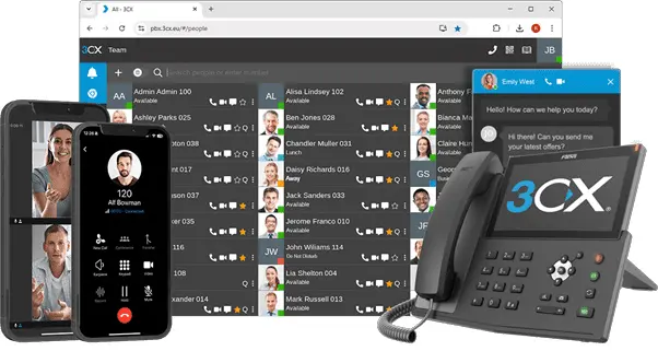 3CX VoIP system with softphone app, desk phone and team presence dashboard