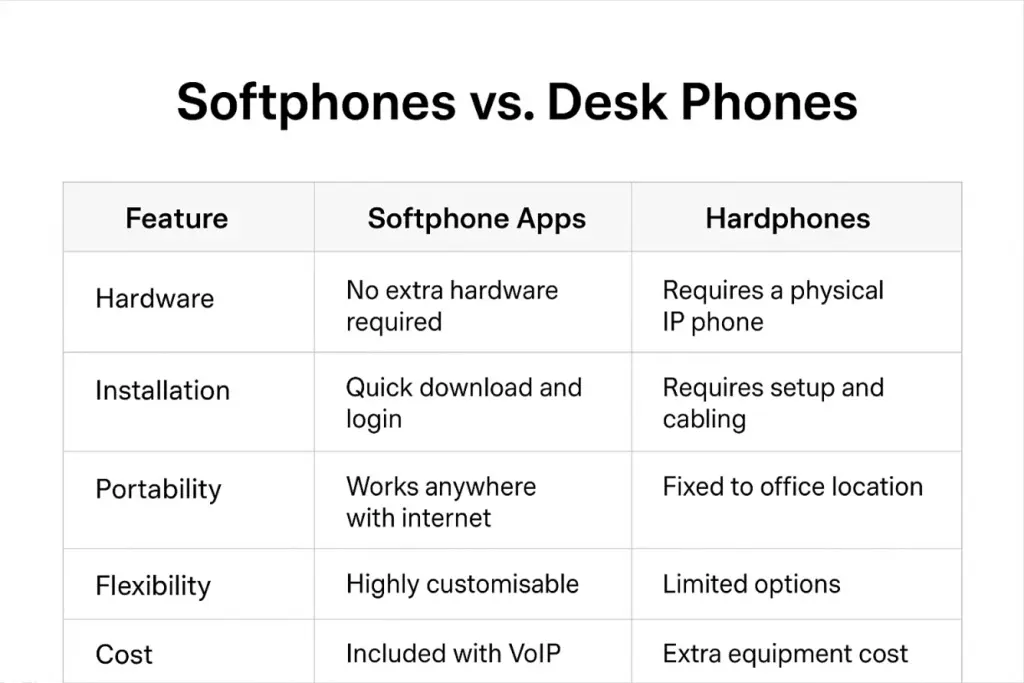 Softphones vs desk phones comparison highlighting benefits such as no hardware, flexibility and lower cost.